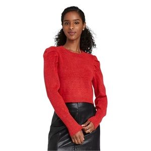 Wild Fable Women's Red Puff Sleeve Crewneck Pullover Sweater